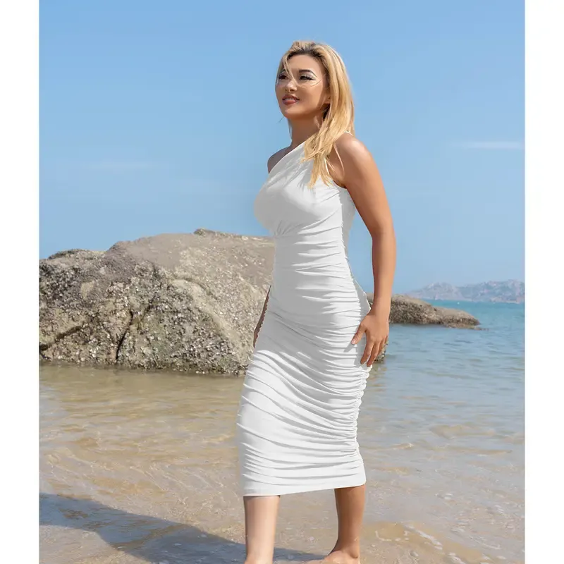Women's Sexy Bodycon One Shoulder Sleeveless Ruched Midi Club Party Dress Formal Womenswear
