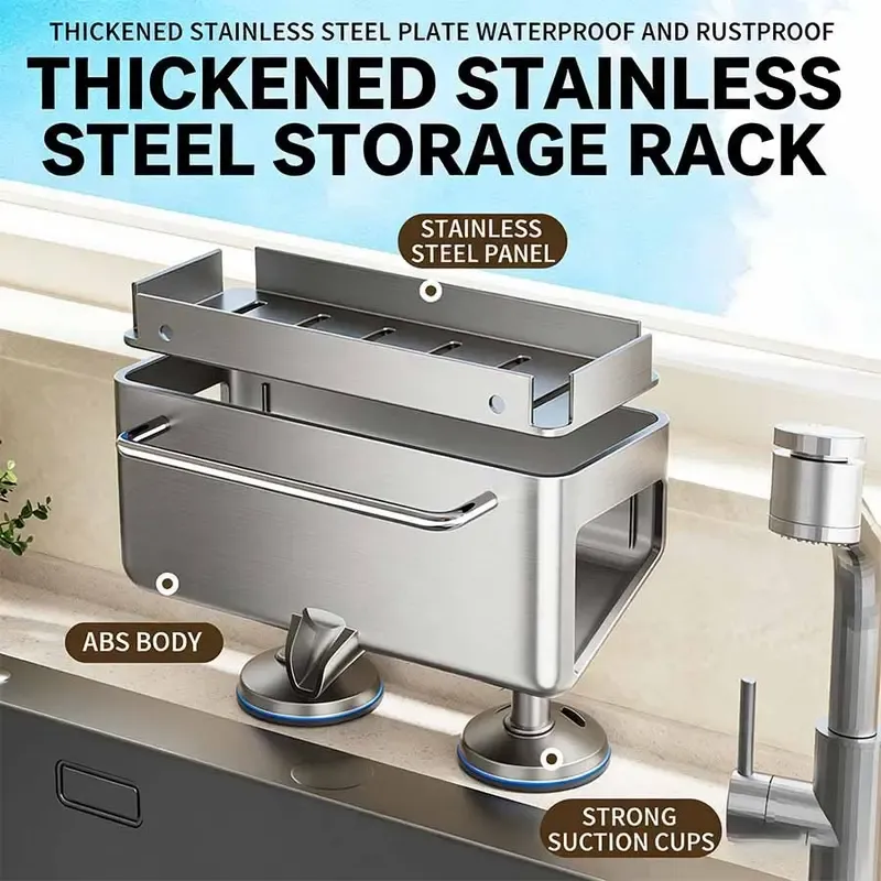 Kitchen Sink Storage Rack: Made of stainless steel—rust-proof and waterproof.