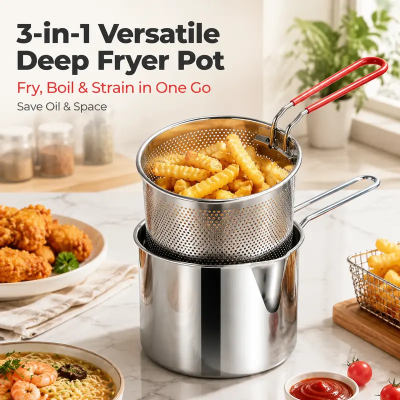 3Pcs Stainless Steel Small Compact Countertop Deep Fryer Set