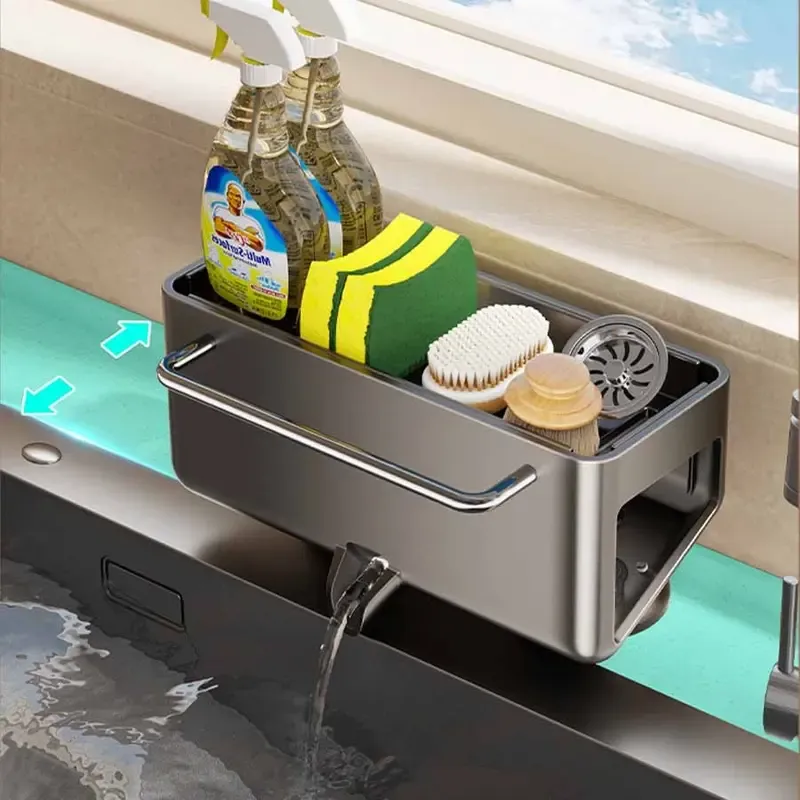 Kitchen Sink Storage Rack: Made of stainless steel—rust-proof and waterproof.