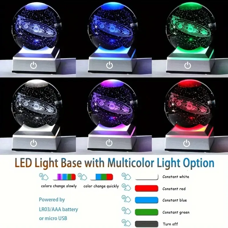 23 3D Solar System Crystal Ball with Color Changing Base