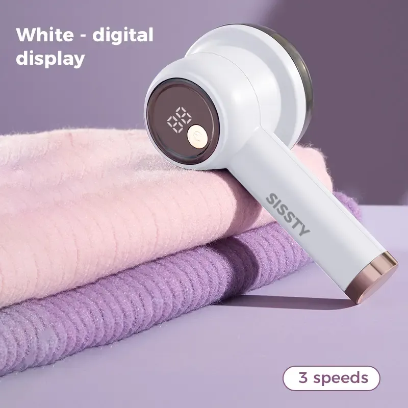 Rechargeable Fabric Shaver, includes 1 blade head, 3-speed settings, and LED display.