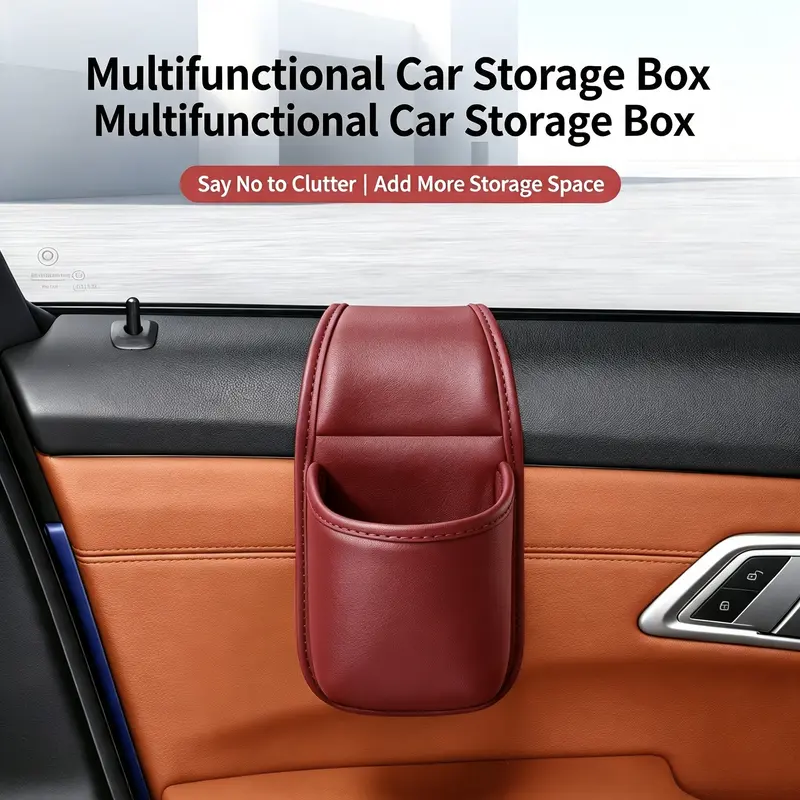 Leather car door storage pocket - double-layer compartments