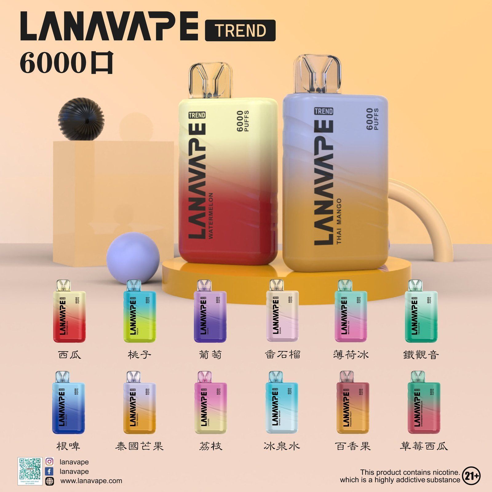 LANA TREND 6000口一次性拋棄式電子煙 6000口搭配網狀霧化，外出與輪換更順手