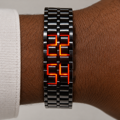 Black Link Bracelet Watch with Red LED Display