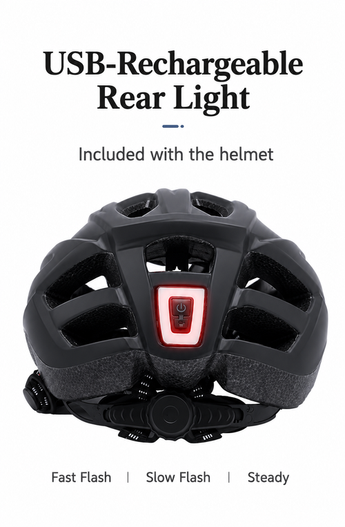 Black Cycling Helmet with USB Rechargeable Rear Light