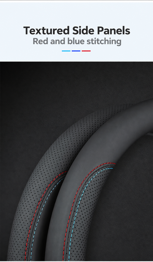 Black Steering Wheel Cover - 38 cm, Red and Blue Stitching