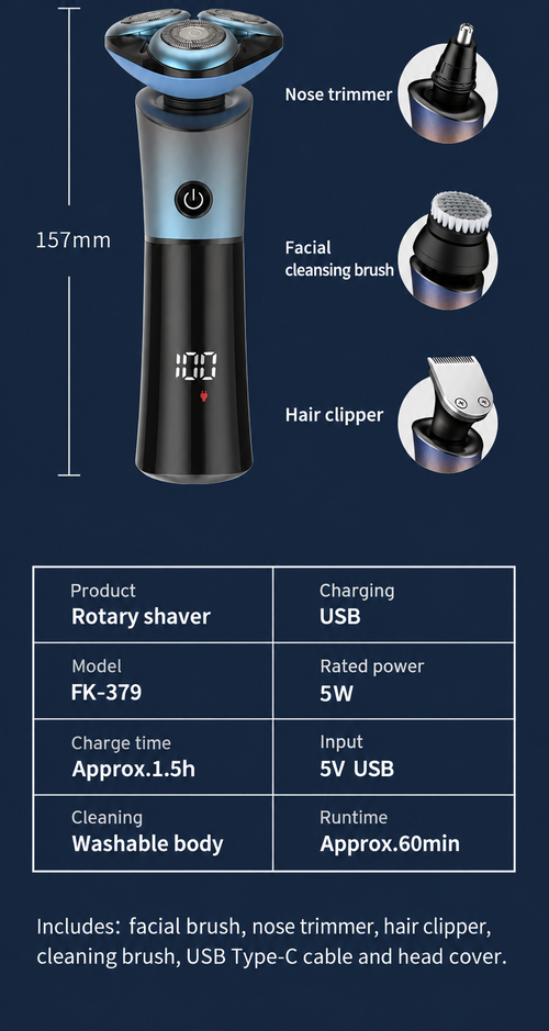Blue Magnetic Rotary Shaver with 3 Grooming Attachments