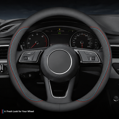 Black Steering Wheel Cover - 38 cm, Red and Blue Stitching