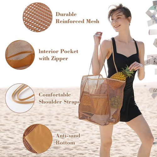 Foldable Mesh Beach Tote - Tan