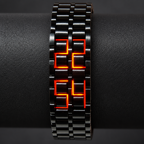 Black Link Bracelet Watch with Red LED Display
