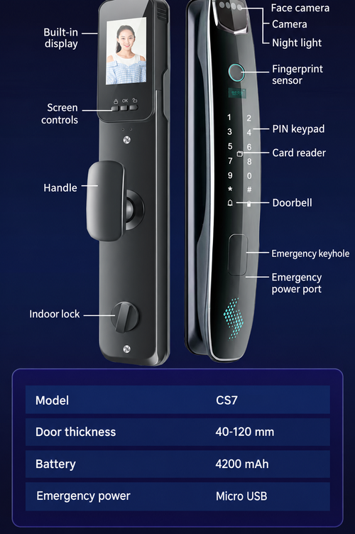 CS7 Face and Fingerprint Smart Door Lock with Video Intercom