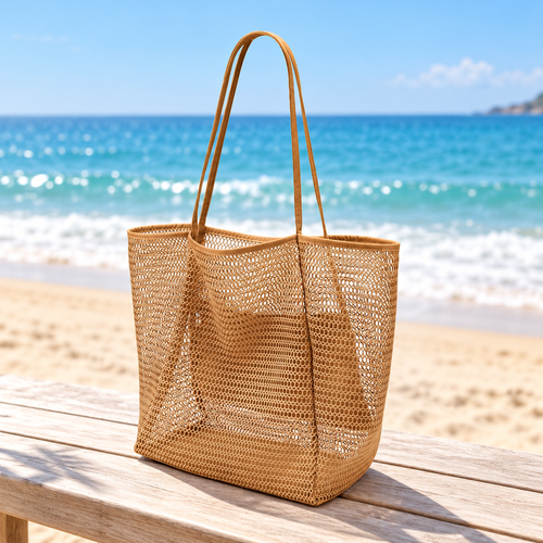 Foldable Mesh Beach Tote - Tan