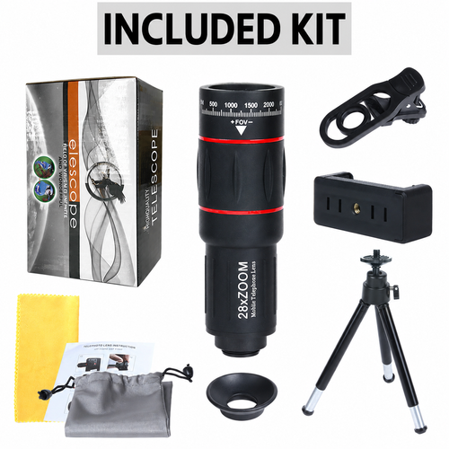 28x Clip-On Phone Telephoto Lens with Tripod Kit