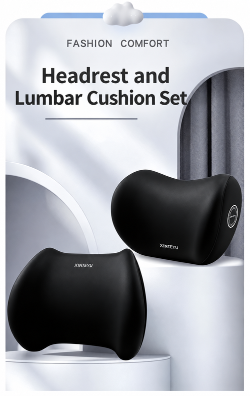 Car Headrest and Lumbar Cushion Set - Black