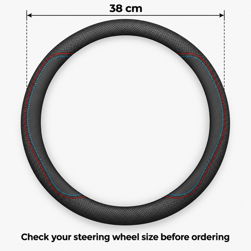Black Steering Wheel Cover - 38 cm, Red and Blue Stitching