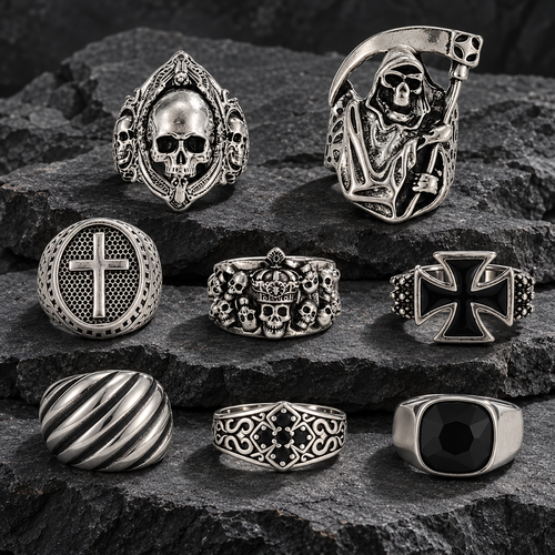 Gothic Skull and Grim Reaper Ring Set