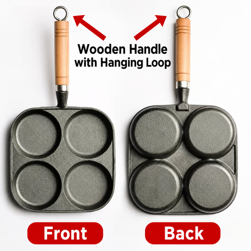 Four-Well Iron Egg Pan with Wooden Handle