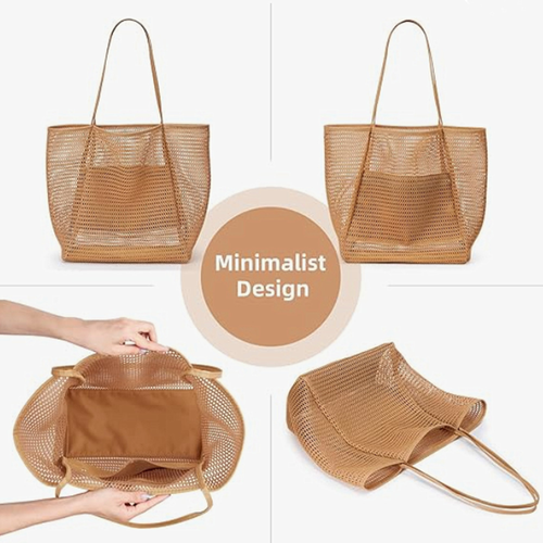 Foldable Mesh Beach Tote - Tan
