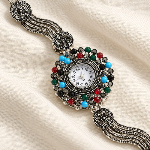 Vintage-Style Gemstone-Look Bracelet Watch