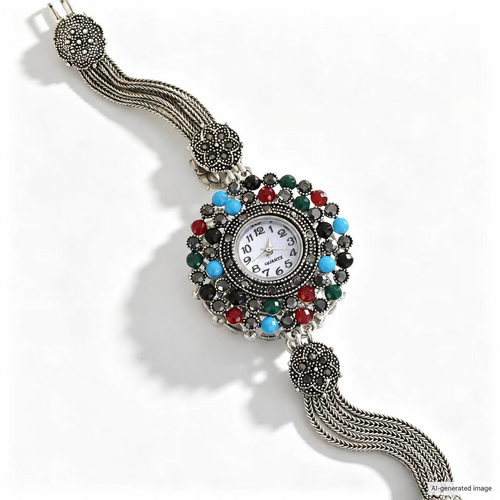 Vintage-Style Gemstone-Look Bracelet Watch
