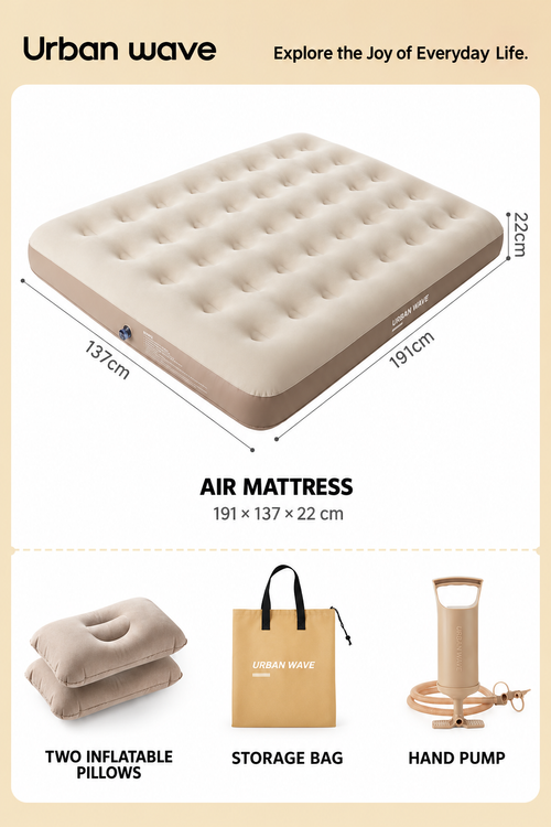 Flocked Air Mattress with Hand Pump - 191 x 137 x 22 cm