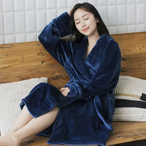 Ultra Soft Thick Microfiber Kimono Robe, Cozy Shawl Collar Sleepwear with Belt And Pockets, Unisex One Size, Navy Blue