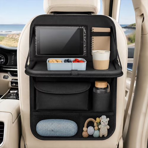 Car Seat Storage Bag with Folding Plate - Made of High-quality Material, It Comes with a Foldable Storage Bracket, Multiple Storage Bags, and Car Seat Floor Mats. The Design Is Black. It Is an Ideal Choice for Travel.