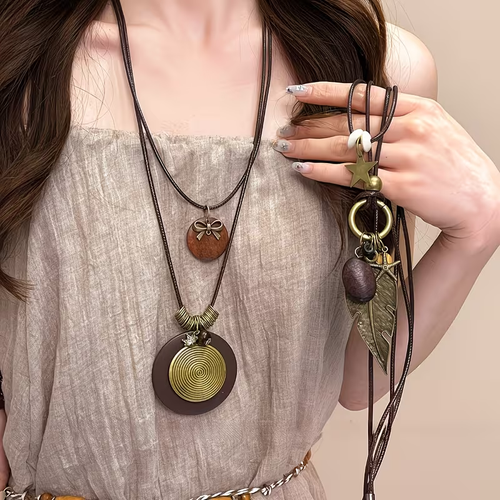 Bohemian Style Vintage Necklace, Long Double-Layer Sweater Chain, Malade Y-Chain, Fashionable And Elegant, Feather Leaf Butterfly Star Pendant, Suitable for Daily Wear, Attending Banquets, Gifting