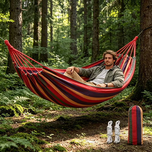 Thickened Wear-Resistant Patio Hammock, Outdoor Hammock, Park Hammock, Garden Hammock. Suitable for Outdoor Patio Leisure, Fishing, and Entertainment. Ideal for Outings, the Patio Hammock Helps Relieve the Fatigue and Tension of the Day. When Not