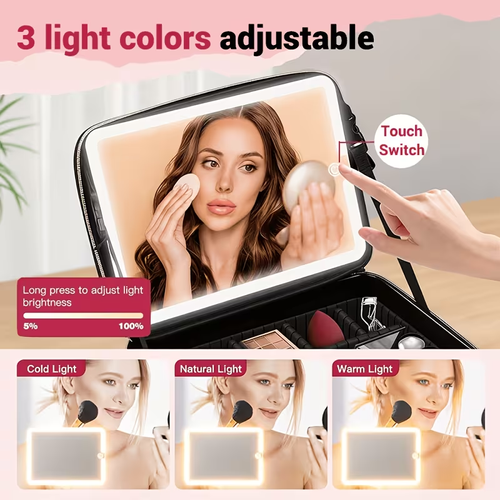 Makeup Bag with LED Mirror And 3-Color Lights, Multi-Layer Large Capacity Portable Illumination Adjustable Brightness Removable with Brush Holder Slot Beauty Organizer Travel Cosmetic Bag Unisex Birthday Gift for Women
