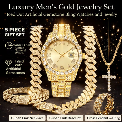 Luxury Men's Watch Set Including Artificial Gemstone Cuban Link Bracelet and Cross Necklace Roman Numeral Watch Inlaid with Artificial Rhinestones pcs Golden Jewelry Set Perfect Gift for Men Party Essentials