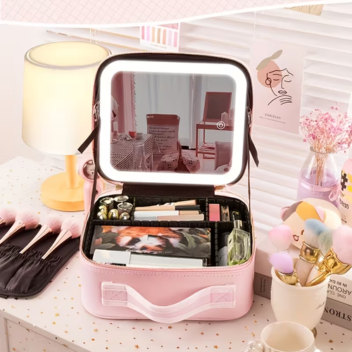 Makeup Bag with LED Mirror And 3-Color Lights, Multi-Layer Large Capacity Portable Illumination Adjustable Brightness Removable with Brush Holder Slot Beauty Organizer Travel Cosmetic Bag Unisex Birthday Gift for Women