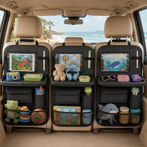 Car Seat Storage Bag with Folding Plate - Made of High-quality Material, It Comes with a Foldable Storage Bracket, Multiple Storage Bags, and Car Seat Floor Mats. The Design Is Black. It Is an Ideal Choice for Travel.