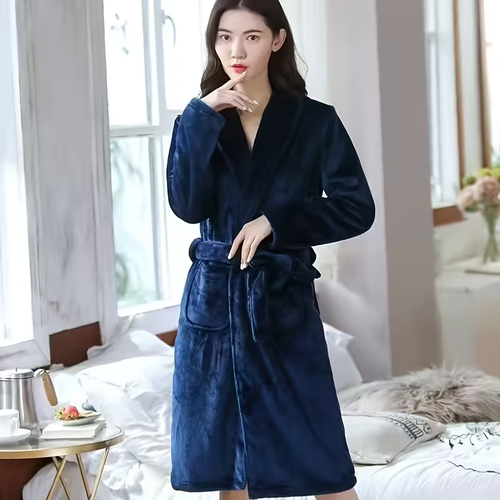 Ultra Soft Thick Microfiber Kimono Robe, Cozy Shawl Collar Sleepwear with Belt And Pockets, Unisex One Size, Navy Blue