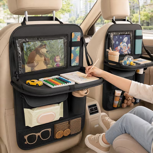 Car Seat Storage Bag with Folding Plate - Made of High-quality Material, It Comes with a Foldable Storage Bracket, Multiple Storage Bags, and Car Seat Floor Mats. The Design Is Black. It Is an Ideal Choice for Travel.