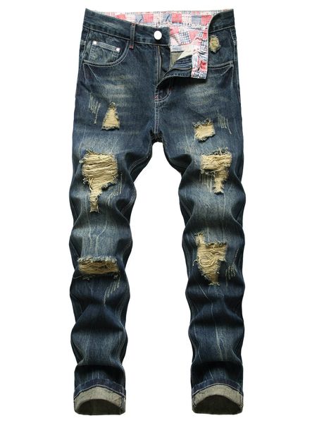 Mens Classic Slim Fit Ripped Jeans - Zipper Fly, Non-Stretch Cotton Denim, Machine Washable, Solid Color, All-Season, Regular Length - Basics Style for Everyday Wear