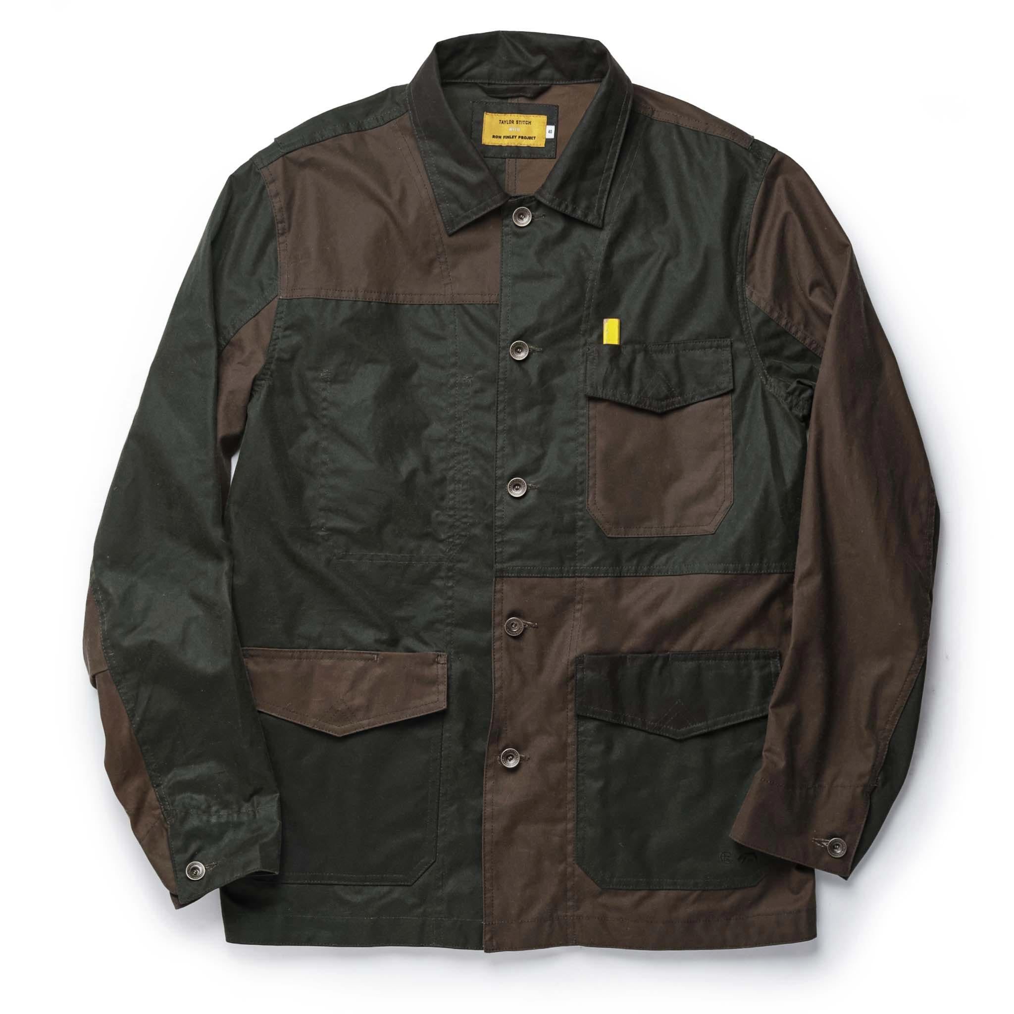 Rccuv Task Jacket in Waxed Khaki and Olive Patchwork