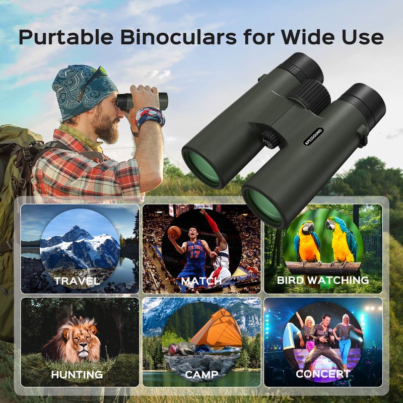 10x42 Binoculars - HD Optical System, Fully Multi-Coated Lens and BAK4 Prism, IPX7 Nitrogen-Filled Waterproof, Fogproof, Shockproof, Rubber Armoring, Tripod Adaptable, with Carrying Bag