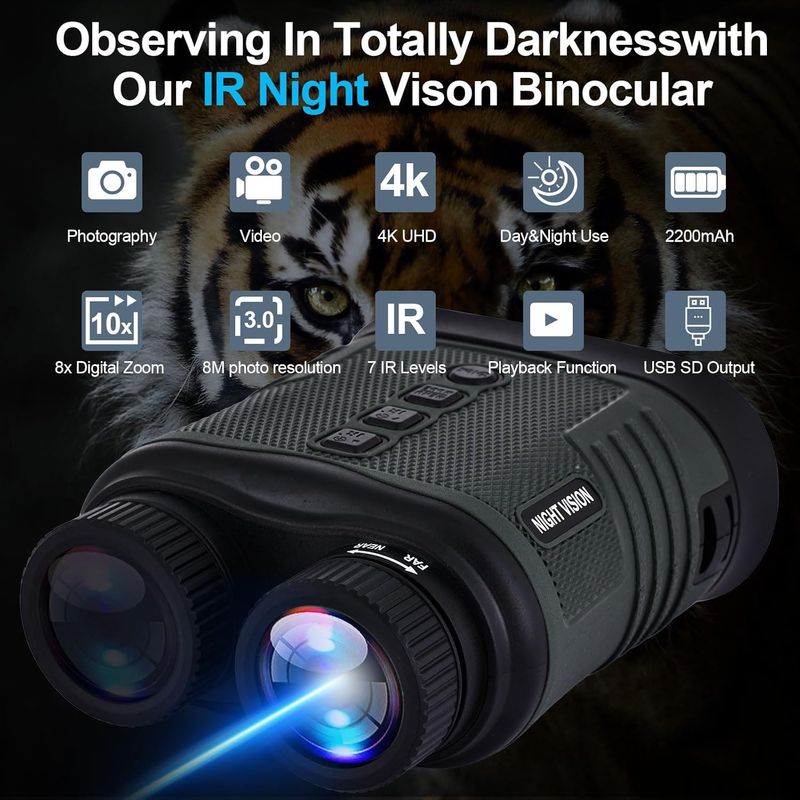 Night Vision Goggles, 4K Night Vision Binoculars, 2200mAH Rechargeable IR Night Vision, 8X Digital Zoom 3-inch HD Screen Binoculars for Outdoor Enthusiasts and Animal Watchersnight Vision Scope