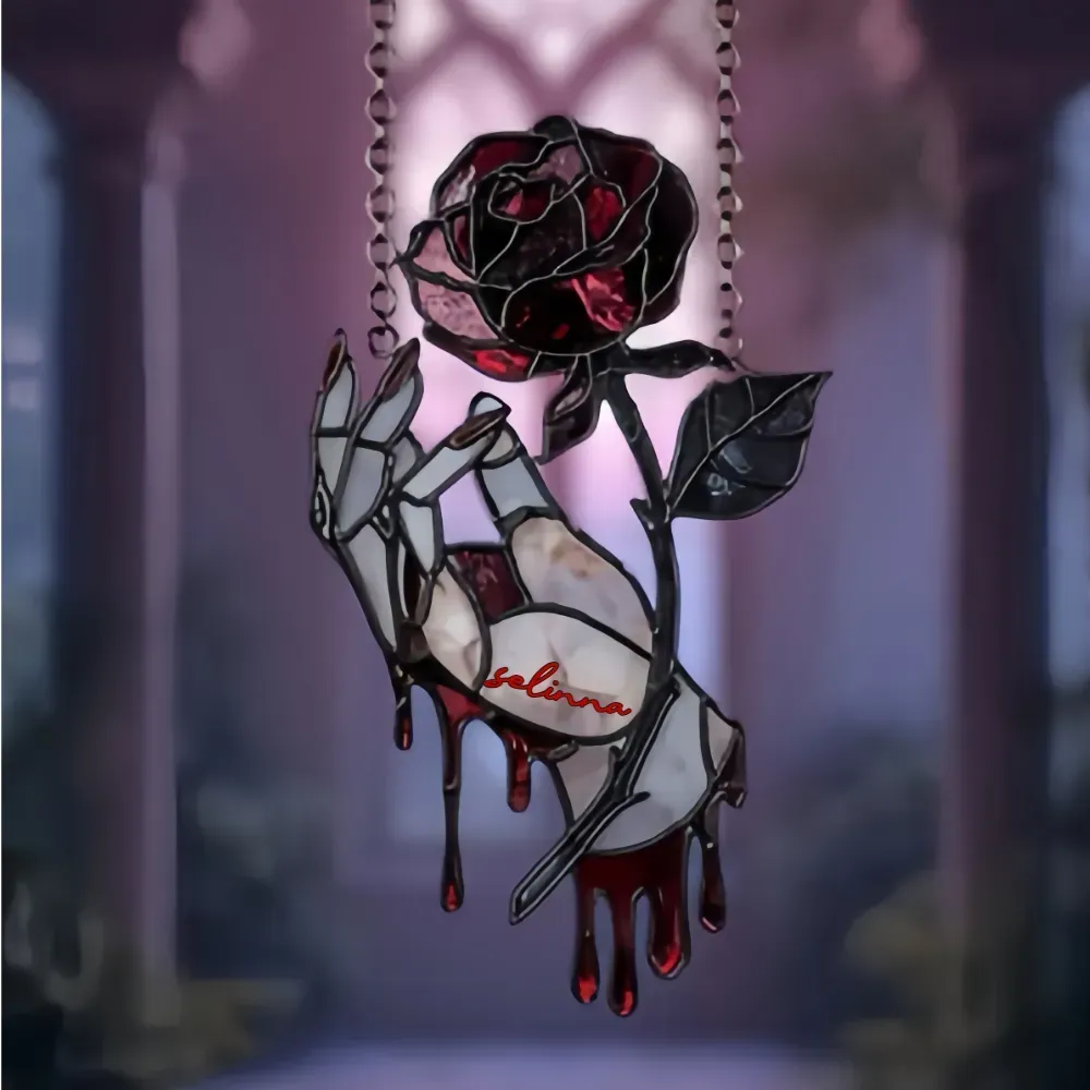 Gothic Bloody Rose Hand Acrylic Suncatcher - Faux Stained Glass Window Hanging, Gothic Vampire Decor, Unique Gift For Dark Romance Lovers
