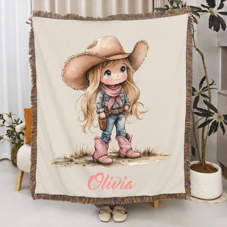 Personalized Cartoon Cowboy Cowgirl Tassel Soft Throw Blanket with Name Home Decor Birthday Gift for Kids Cowboy Lovers