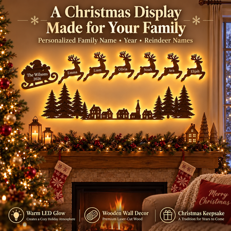 Personalized Family Reindeer & Sleigh LED Wall Decor – Custom Christmas Wooden Wall Light with Names