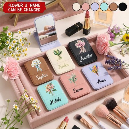 Birth Flowers Personalized Square Folding Pocket Travel Makeup Mirror
