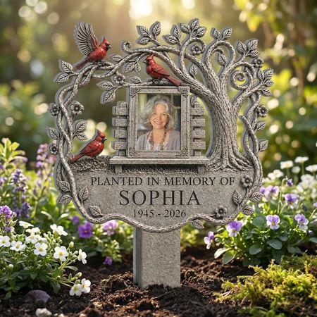 Planted In Memory Of - Personalized Plaque Stake, Memorial Gift For Loss Of Loved One, Custom Photo Plaque