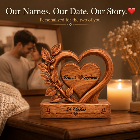 Personalized Couple Heart Wooden Plaque – Custom Names & Date Anniversary Gift