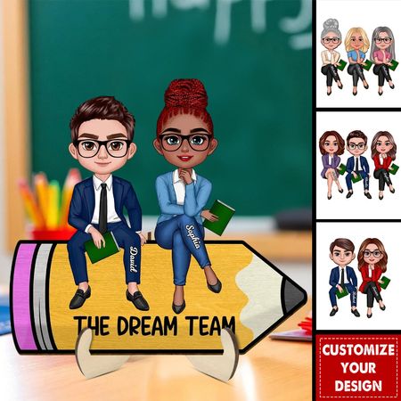 Personalized wooden plaque featuring doll teacher, dear friend, and classmate sitting on a pencil