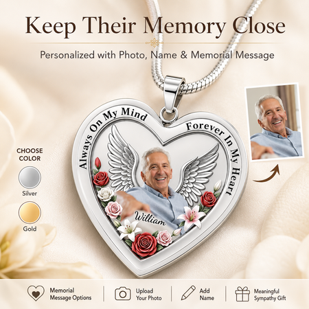 Personalized Memorial Photo Heart Necklace – Custom Angel Wings Pendant with Name