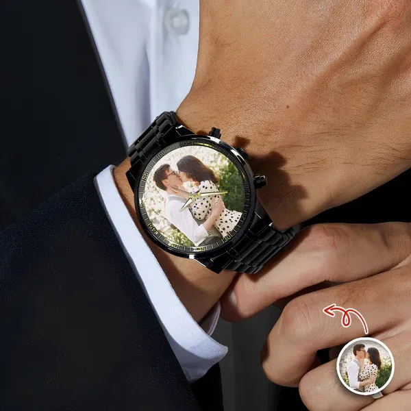 Custom Couple Photo Men's Wrist Watch Gift For Boyfriend, Husband