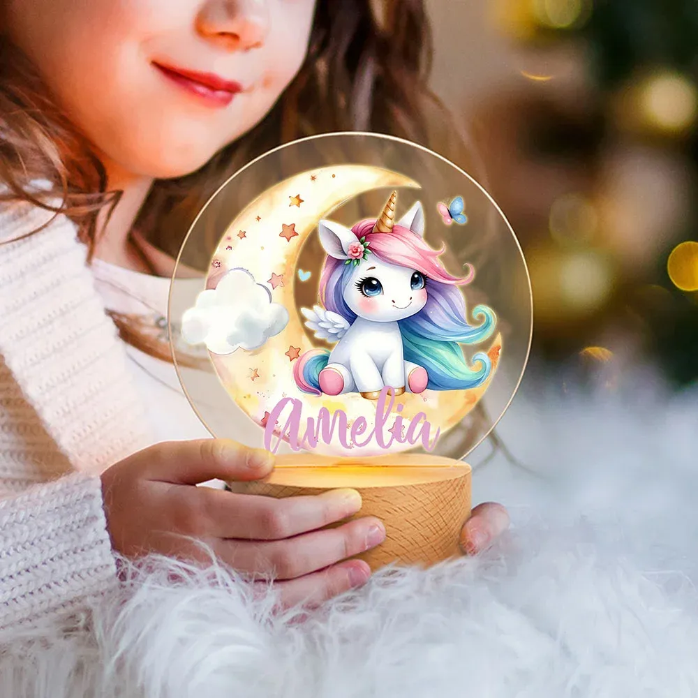 Personalized Fantasy Unicorn Dreamy Moon LED Night Light with Wooden Base and Name Nursery Decor Birthday Baby Shower Gift for Girls